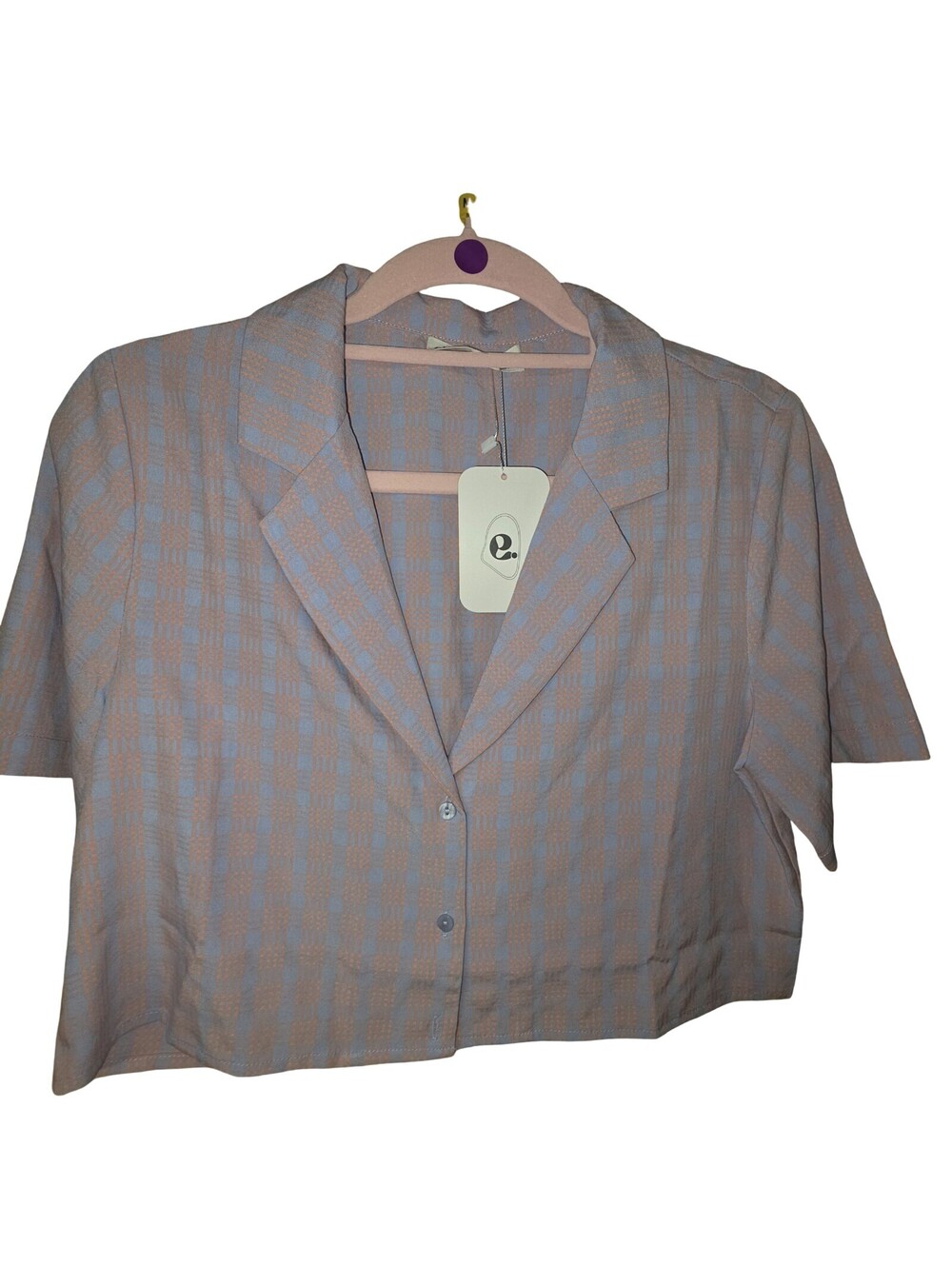 Elodie lilac and orange plaid cropped button front blouse NWT size medium